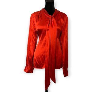 Talbots Orange Secretary Blouse Button Down Size 8 100% Silk Orange Long Sleeve